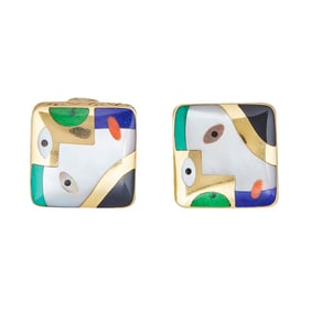 Asch Grossbardt 14K Yellow Gold Mother-of-Pearl and Multicolor Stone Inlay Earrings