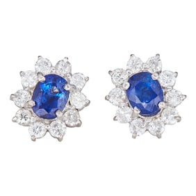 18K White Gold Sapphire and Diamond Halo Cluster Stud Earrings