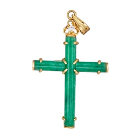 18K Yellow Gold Jade and Diamond Cross Pendant