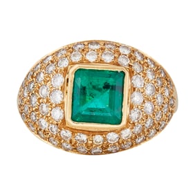 18K Yellow Gold Bezel-Set Emerald and Diamond Dome Ring