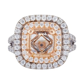 18K Rose and White Gold Diamond Cushion Double Halo Engagement Ring Setting