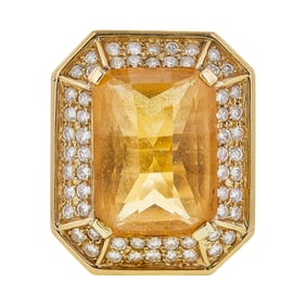 18K Yellow Gold Rectangular Faceted Citrine and Diamond Ring
