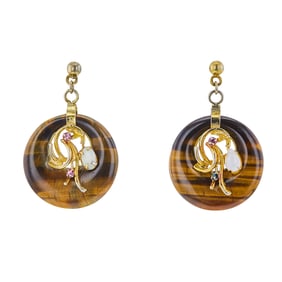 Gold Toned Metal Tiger's Eye, Opal and Tourmaline Drop Earrings