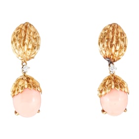 18K and 14K Yellow Gold Pink Coral and Diamond Dangle Drop Earrings