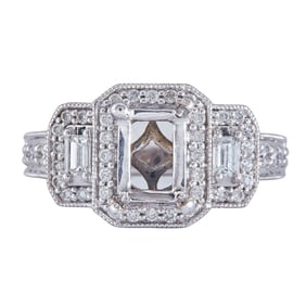 18K White Gold Diamond Three Stone Halo Emerald-Cut Engagement Ring Setting