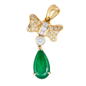 18K Yellow Gold Diamond Bow and Jade Drop Pendant