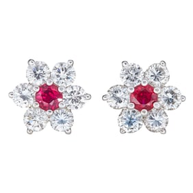 18K White Gold Ruby and Diamond Flower Stud Earrings