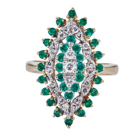 14K Yellow Gold Emerald and Diamond 4 Tiered Cluster Ring