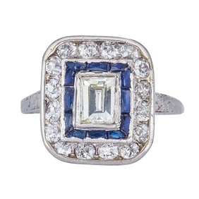 Antique Platinum Emerald-Cut Diamond and Sapphire Engagement Ring