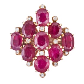 14K Yellow Gold Ruby and Single-Cut Diamond Cluster Ring