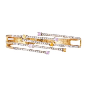 14K Yellow Gold Yellow and Pink Sapphire and Diamond Hinged Bangle Bracelet