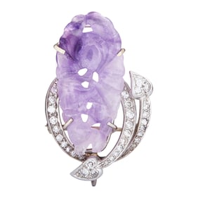 14K White Gold Carved Amethyst and Diamond Convertible Brooch and Pendant