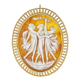14K Yellow Gold Shell Cameo Three Graces Convertible Brooch Pendant