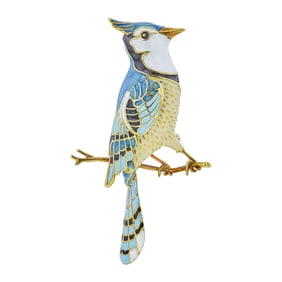 18K Yellow Gold Enamel Blue Jay Bird Brooch Pin