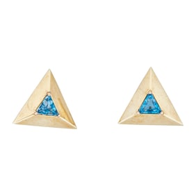 14K Yellow Gold Blue Topaz Triangle Earrings