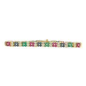14K Yellow Gold Ruby, Emerald, Sapphire and Diamond Flower Tennis Bracelet