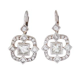 18K White Gold Princess and Round-Cut Diamond Drop Earrings