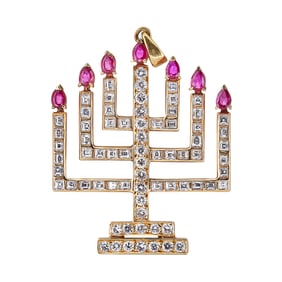 18K Yellow Gold Ruby and Diamond Menorah Pendant