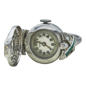 Vintage Platinum Diamond and Emerald Hidden Watch Ring