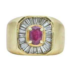 14K Yellow Gold Ruby and Ballerina Set Diamond Ring