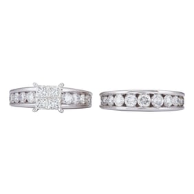14K White Gold Diamond Illusion Engagement Ring and Wedding Band Ring Set