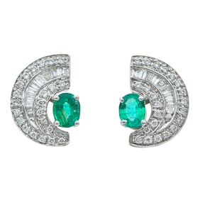 18K White Gold Emerald and Diamond Half-Moon Stud Earrings