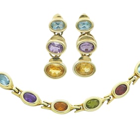 14K Yellow Gold Multi Gem-Set Necklace and Earrings Suite