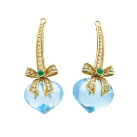 18K Yellow Gold Heart-Shaped Aquamarine, Diamond and Emerald Earring Jackets