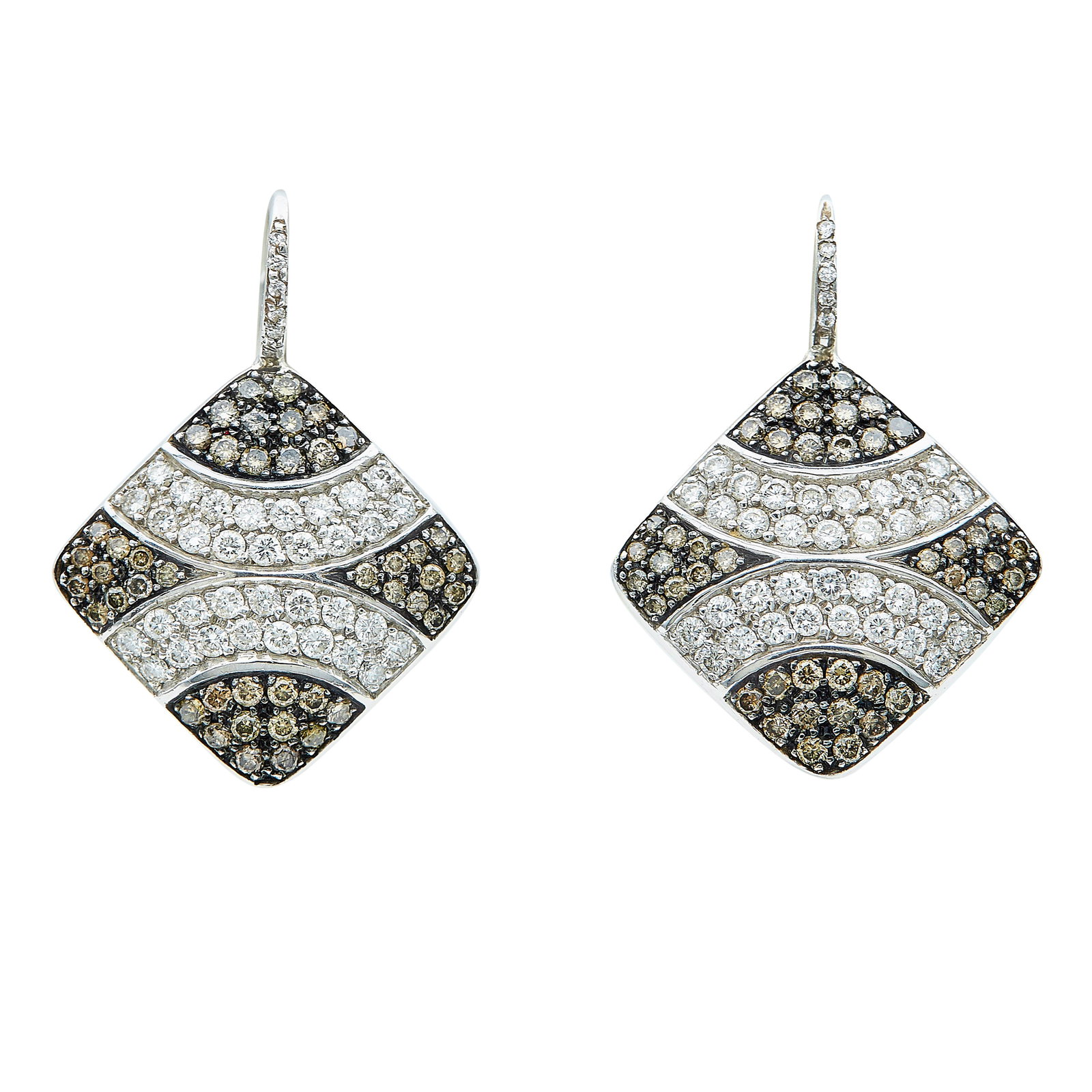 18K White Gold Colorless and Light Brown Diamond Drop Earrings: METAL: 18K White Gold; APPROXIMATE TOTAL DIAMOND WEIGHT: 1.41 ctw; GEMSTONES: Light Brown Diamonds; TESTED: 18K White Gold; CONDITION: Pre-owned, Very Good; ITEM WEIGHT (GRAMS): 9.7 g; MEASUREMENTS: 2