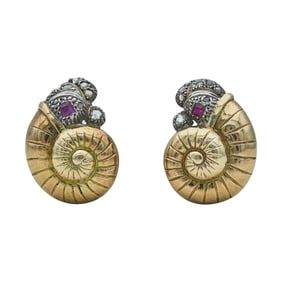 18K Yellow Gold and Silver Rose-Cut Diamond and Ruby Ammonite Earrings