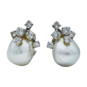 18K White Gold Baroque Pearl and Diamond Accent Earrings