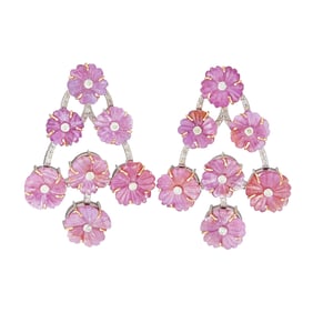 14K Yellow Gold Carved Floral Pink Sapphire and Diamond Waterfall Earrings