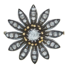 14K Rose Gold and Silver Rose-Cut Diamond Flower Brooch Pin