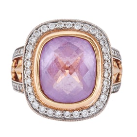18K Yellow Gold Amethyst and Diamond Halo Openwork Band Ring