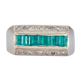 14K White Gold Emerald and Diamond Bar Ring
