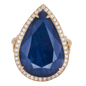 18K Yellow Gold Pear-Shaped Natural, No Heat Sapphire and Diamond Ring