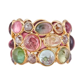 18K Yellow Gold Three Row Bezel-Set Multicolor Tourmaline and Rose-Cut Diamond Band Ring