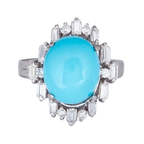 14K White Gold Turquoise Cabochon and Diamond Ring