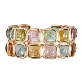 18K Yellow Gold Two Row Bezel-Set Multicolor Tourmaline Band Ring