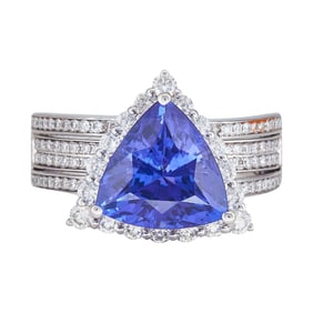 14K White Gold Trillion-Cut Tanzanite and Diamond Halo Ring