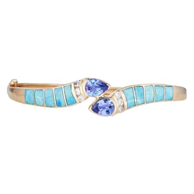 14K Yellow Gold Tanzanite, Diamond and Opal Inlay Hinged Bangle Bracelet