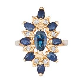 14K Yellow Gold Sapphire and Diamond Alternating Cluster Ring