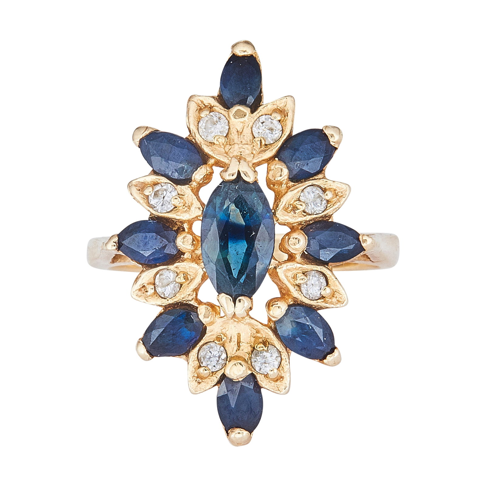 14K Yellow Gold Sapphire and Diamond Alternating Cluster Ring: METAL: 14K Yellow Gold; APPROXIMATE TOTAL DIAMOND WEIGHT: 0.12 ctw; GEMSTONES: Sapphire; STAMPED: 14K; CONDITION: Pre-owned, Very Good; ITEM WEIGHT (GRAMS): 5.8 g; MEASUREMENTS: Ring size 6; Diamonds 