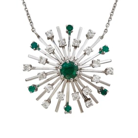 14K White Gold Emerald and Diamond Starburst Pendant Necklace
