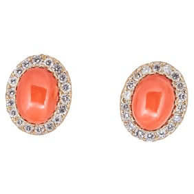 14K Yellow Gold Orange Coral Diamond Halo Earrings
