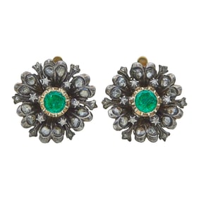 18K Yellow Gold and Silver Emerald and Rose-Cut Diamond Floral Cluster Earrings