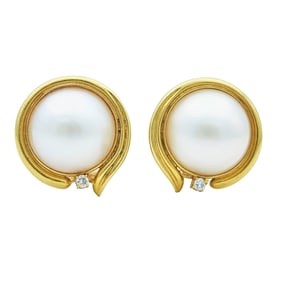 18K Yellow Gold Mabe Pearl and Diamond Earrings