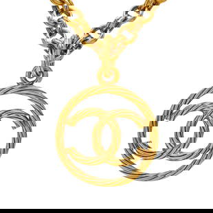Chanel Gold Toned Metal Logo Pendant Chain Necklace: BRAND: Chanel; METAL: Base Metal; STAMPED: Chanel, 93, maker's mark, P, Made in France, 3097; CONDITION: Pre-owned, Very Good; ITEM WEIGHT (GRAMS): 119.8 g; MEASUREMENTS: Necklace length 30 inches; pe