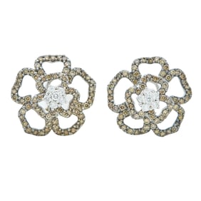 18K White Gold Colorless and Light Brown Diamond Flower Earrings