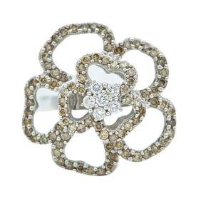 Tous 18K White Gold Colorless and Light Brown Diamond Flower Ring